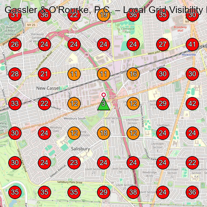 Gassler & O'Rourke, P.C. GeoGrid visibility map for Law Firm in Westbury